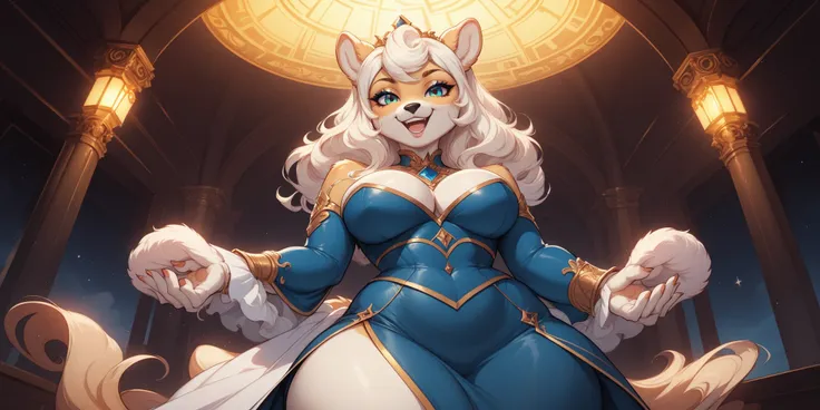 (masterpiece, wallpaper, anthropomorphic fantasy anime style, creative art), a beautiful anthropomorphic bear goddess, elegant and moe clothing style, posing, close medium shot, thick thighs, big butt, big breasts, curvy, voluptuous, expressive, cheerful, ...