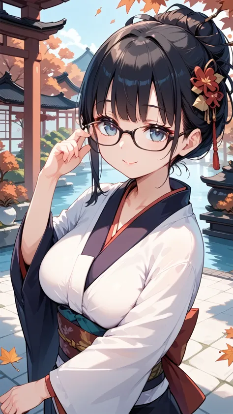 Black hair, glasses, Japanese kimono, autumn garden, Japanese garden,