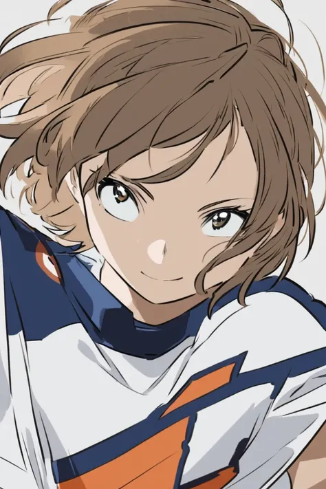 Dandadan style, detailed, young thin girl, short hair above her shoulders styled in a cute way, parted to the side, no bangs, clear face, brown hair and eyes, friendly smile, with a dynamic pose and is dressed in the my hero academia sports uniform.