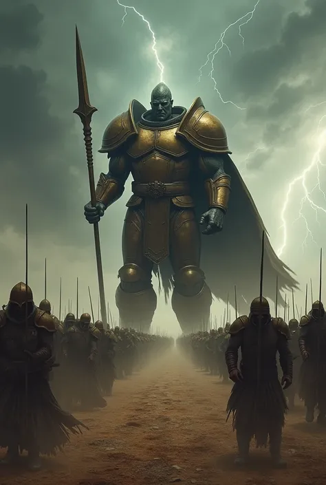 A vast desolate field under a stormy sky, with gray clouds and lightning in the background. In the center, a giant almost 3 meters tall, in shining bronze armor, holds a huge spear and looks forward with a menacing expression. Soldiers around him, dressed ...