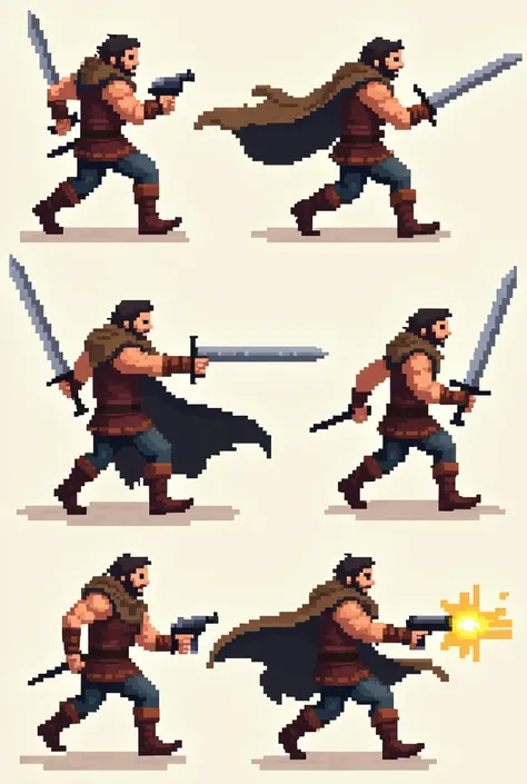  Make a sprite sheet of a swordsman running,walking and pointing with a gun make separate sprites and make a gif the same in Pixelart