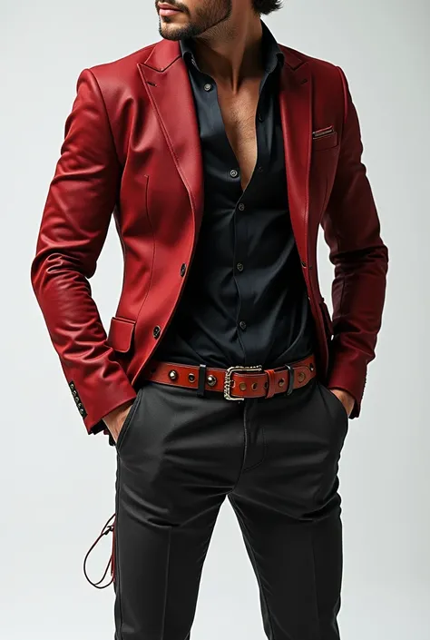 Mens pants and jacket ,  leather belts 70 % black and 30 % red,  with inserts in round and square studs, with , with sails and zippers ,  that is fitted to the body .