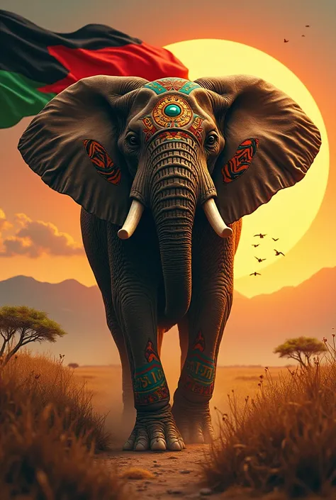 An artistic depiction of Africa imagined as a mythical creature. The creature is majestic and powerful, with features inspired by African wildlife such as an elephants trunk, lions mane, and the scales of a pangolin, symbolizing the continents diversity an...