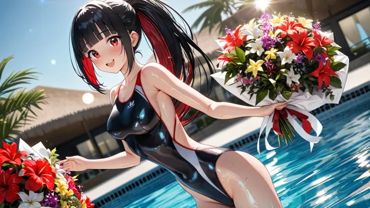 one girl, Masterpiece, 8k, 
blue sky, daytime, (holding a bouquet of flower), (flower garden), standing, arched back, Enthusiastic smiling with her mouth open,
Luxury tropical hotel pool, 
(Black Hair, dark scarlet inner color, straight hair
, high band po...