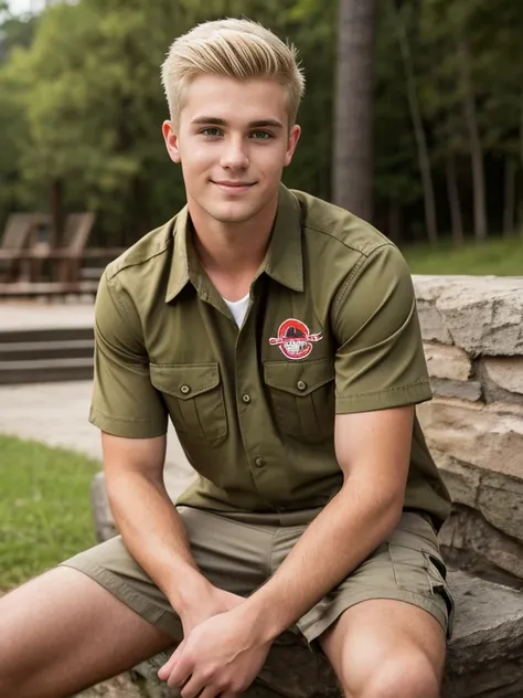 Billy is a young man in his mid-twenties with a friendly and outgoing demeanor. He has short, spiky blond hair and hazel eyes. Hes wearing a khaki shirt with the Camp Buddy logo on it, along with a pair of cargo shorts.