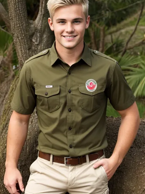 Billy is a young man in his mid-twenties with a friendly and outgoing demeanor. He has short, spiky blond hair and hazel eyes. Hes wearing a khaki shirt with the Camp Buddy logo on it, along with a pair of cargo shorts.