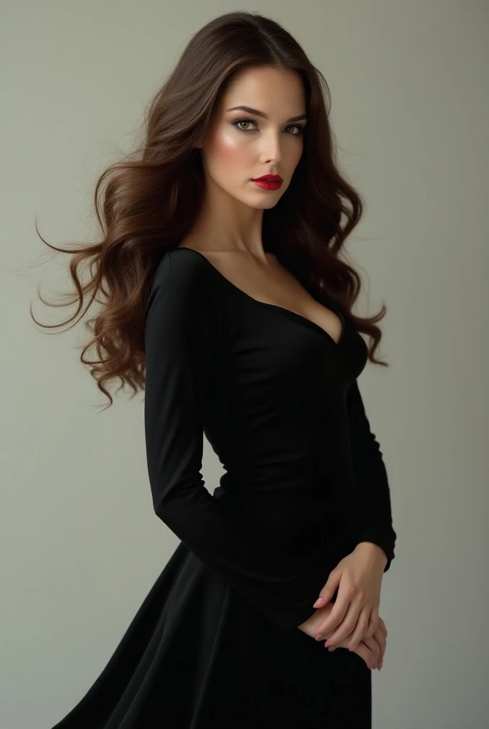 Create an AI of a white woman with long brown hair,Eyes with a long black dress , Serious and elegant and powerful with red lipstick well-behaved clothes do not put neckline on the dress 