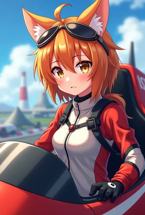 cute; smug; cool; anime catgirl; blond, red, or orange hair; spitfire racer pilot catgirl from the spitfire legion