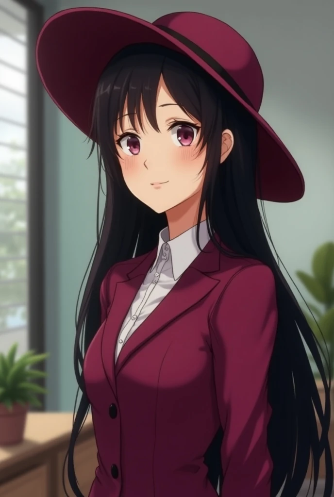 Do an realistic headshot of  an 35 year old thailand woman with an sleeveless magenta business suit, a hat with an long black hair that covers her forehead with an closed and innocent smirk not looking at me, The characters gaze is directed off to the side...