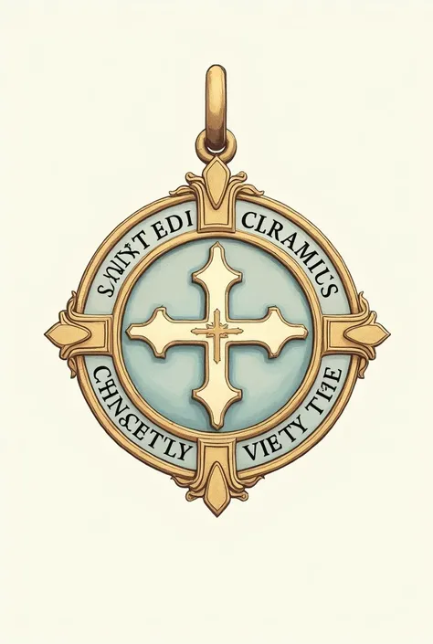 A detailed illustration of the Saint Benedict Medal, designed with intricate engravings and soft, pastel colors. The medal features the traditional cross, inscriptions, and symbols, all carefully outlined with fine lines. The colors are soft, with a gentle...