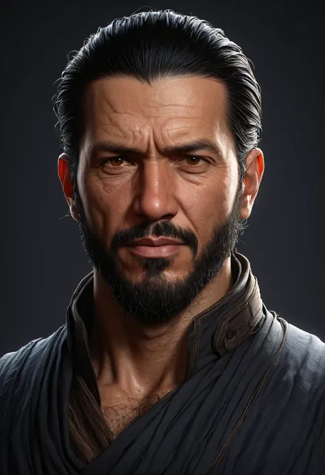 a portrait of a gruff 34 year old man with brown eyes, tied back black hair, a short beard, rough features, character portrait by senior character artist, Artstation, fantasy art, stunning character art, fantasy concept art portrait, epic exquisite charact...