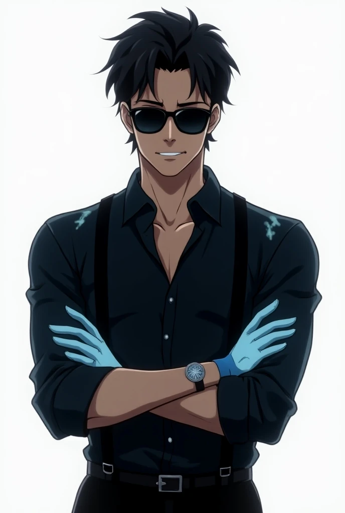 "A Brazilian man in an anime style, wearing a black dress shirt with the sleeves rolled up and black suspenders instead of a full suit. He has a sharp and professional appearance, with dark sunglasses and an aura of frost, featuring icy blue highlights sub...