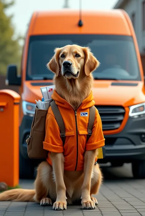 Realistic photo of a golden retriever as a post man with an orange jacket on, in front of a marcedes sprinter. The back of the bus is orange, the front is white. The dog carries a schoulder bag full with letters. On the left we see a mailbox, also orange.