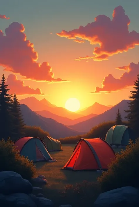 A sunset with the sun setting and lots of camping tents