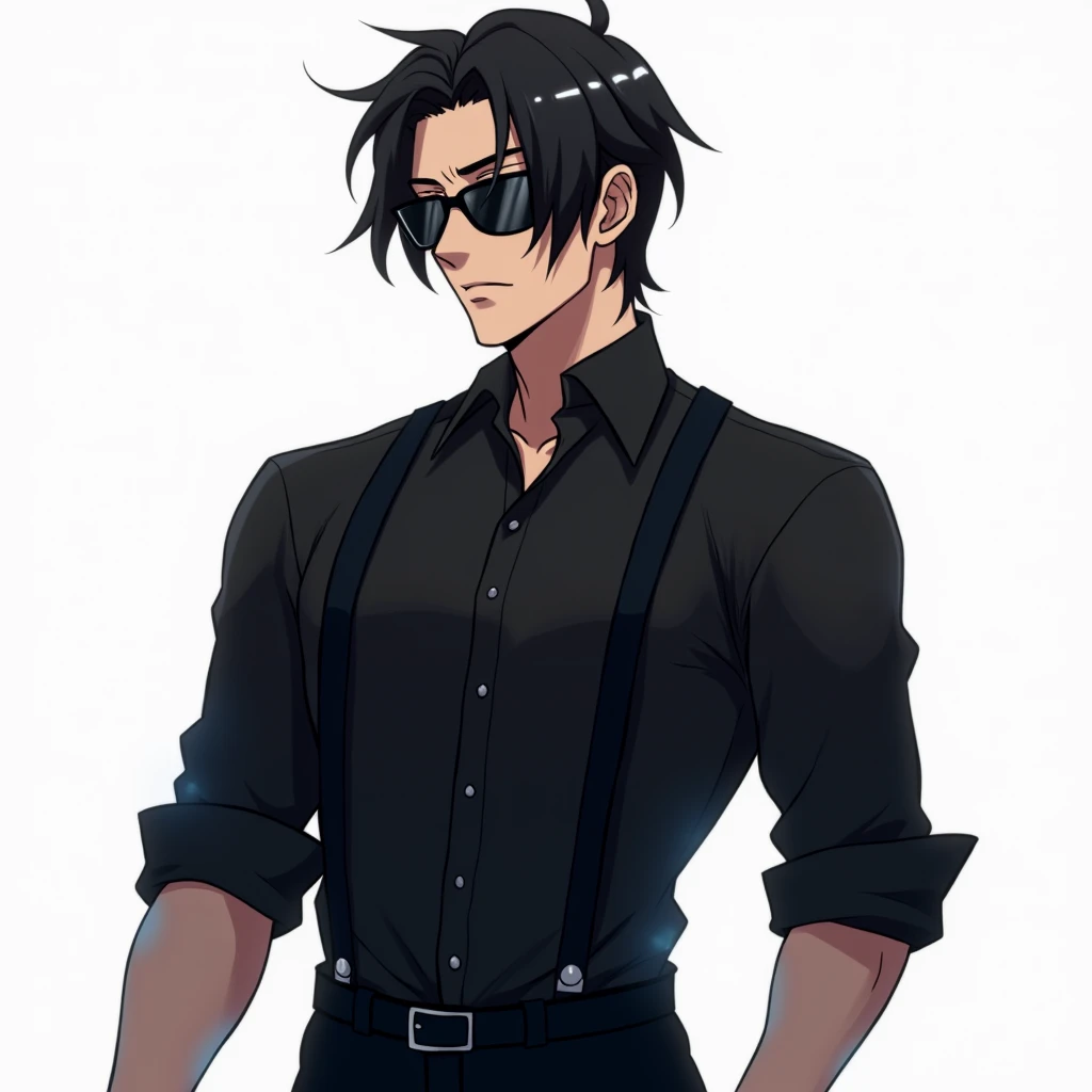 "A Brazilian man in an anime style, wearing a black dress shirt with the sleeves rolled up and black suspenders instead of a full suit. He has a sharp and professional appearance, with dark sunglasses and an aura of frost, featuring icy blue highlights sub...