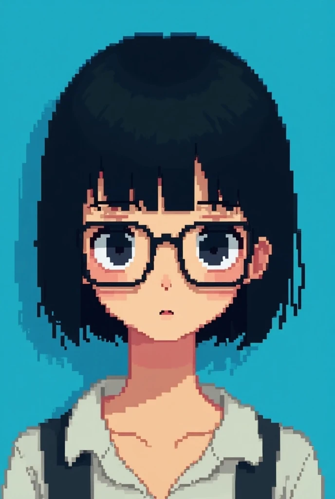 a brunette girl with short black hair with bangs, black eyes with square glasses, on a blue background, do everything in a Pixel style.