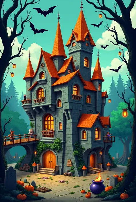 The Castle
Architecture: The castle has a gothic-inspired structure with multiple towers, pointed turrets, and stone walls. The design is quirky and asymmetrical, with elements that blend medieval and cartoonish fantasy styles.
Roofing: The roofs are color...