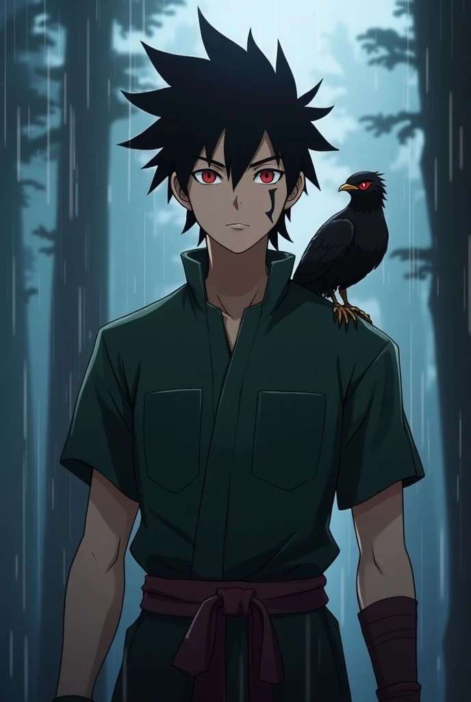 Anime style. Create a image of a guy in the ATLA universe: (*a traveler mexican teen guy*, the background like a spruce biome, foggy and rainy, shadows behind him. He has red natural bright eyes, short black messy hair. a scar scratch vertical line in(Thro...