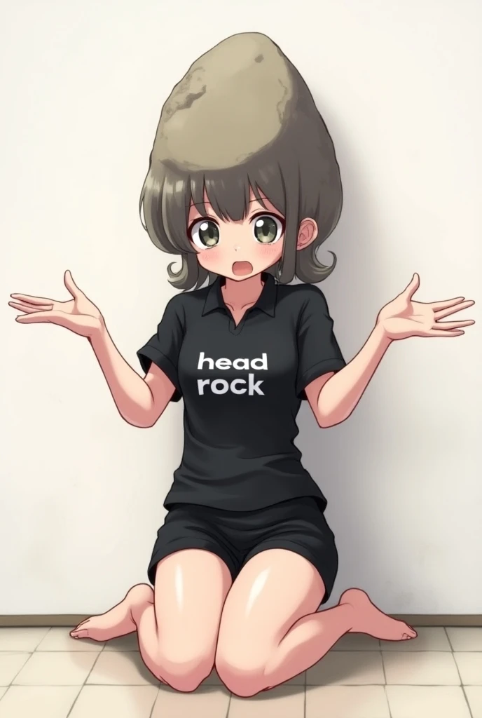 girl, anime,  boxer shorts color black, Long sleeve polo shirt in black with a text “head rock”, kneeling,  with a large rock that replaces his head , with arms outstretched,  long legs,  big thighs , Its not scary ,  anime style, white toe black shoes, Th...