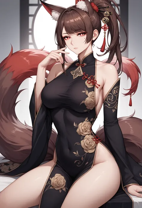 mixed_artwork style, (detailed eyes), (Mature woman), beautiful woman, medium breasts, brown hair, bangs on eye, Side bangs, ponytail, (black oriental dress), red eyes, mole under eye, huge body, (expressionless gaze), kitsune ears, kitsune tail, sitting