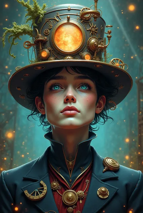 Visage homme humanoïde chapeau steampunk psychédélique. Transcendé par la musique