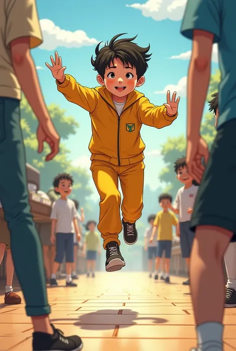 ren playing the old womans game or jumping yellow jumpsuit at school