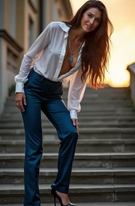 a woman aged 42 in dark blue glossy silk schlaghose with hanging open white transparent blouse. no blazer. lascivious look.
dark blue High heels.
long brown hair hochfrisiert.
blouse is completely open
Small chain with blue stone.
whole body.
Scene up on s...