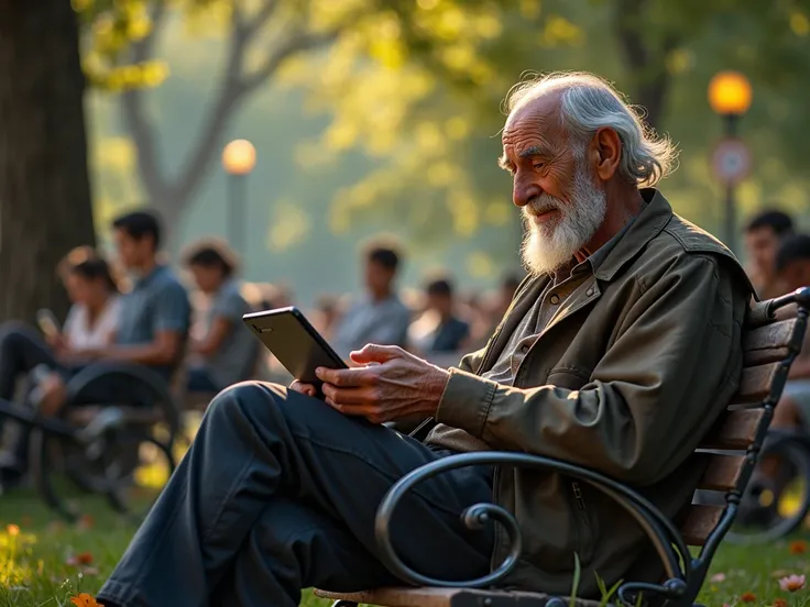 Alonso from  " Don Quixote of La Mancha "  tired but happy , sitting in a park with his electric bike,  surrounded by young people with tablets and laptops,  remembering his adventures .

