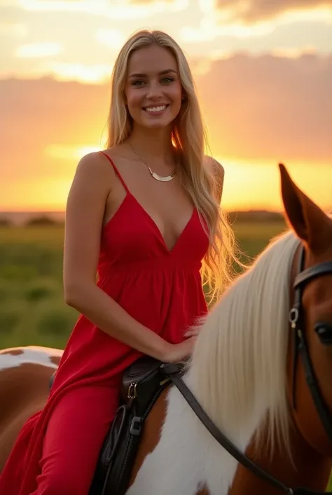 long blond hair and a red sundress posing for a picture, a picture by Mathias, perfect, a gorgeous blonde, outdoor(sunrise), smiling, happy expression, riding a beautiful horse (tan and white)