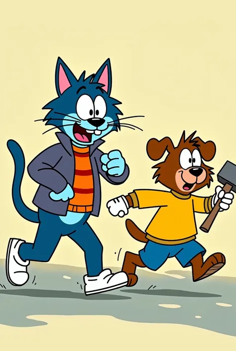 A cartoon about an anthropomorphic blue cat that wears a colored jacket with horizontal stripes, a yellow jacket, and a dog walks with brown that wears a yellow jacket and white gloves, the two are rivals. The cat chasing the dog with a sledgehammer, thin ...