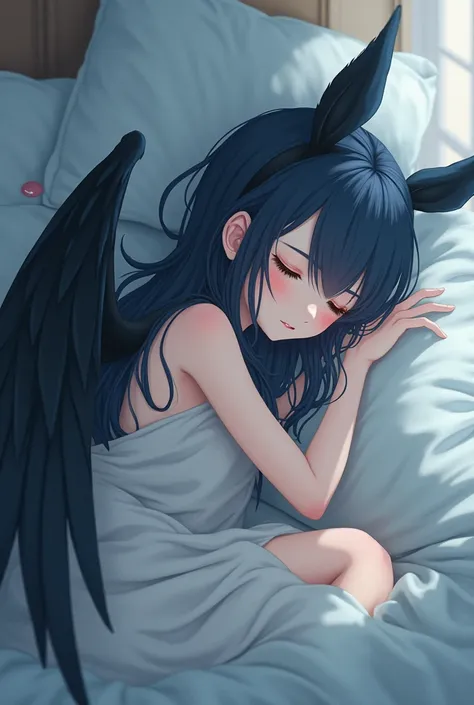 21 year old anime girl with long bluish black hair with long eyelashes with black wings curled up with her own wings covering her almost entirely in sleeping pillows 