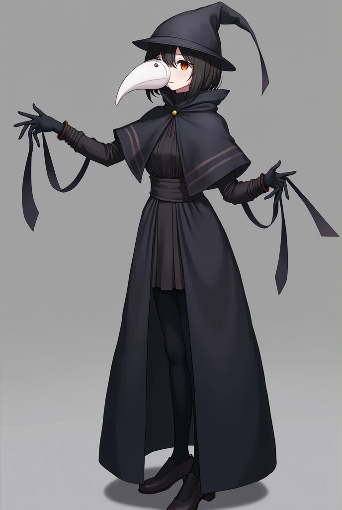 Anime girl whos dressed like a plague doctor shes wearing black gloves and a beak mask 