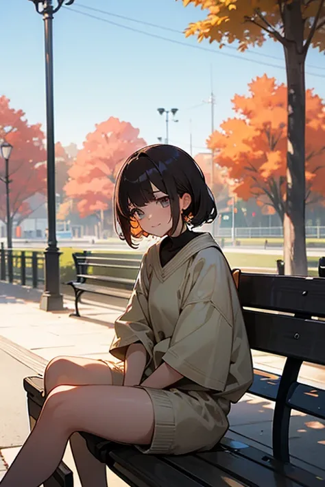 a female, 21 yo, relaxed expressions, everyday clothes, park benches, autumn afternoon, clear sky,