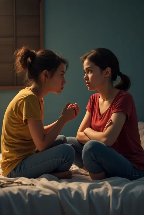 Annoying mother and daughter sitting on the bed