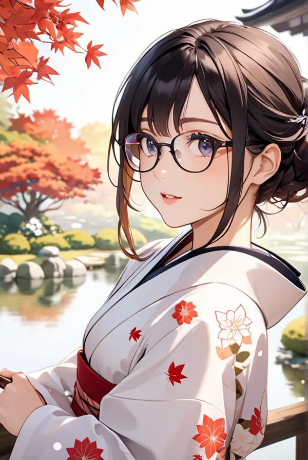 Black hair, glasses, Japanese kimono, autumn garden, Japanese garden,