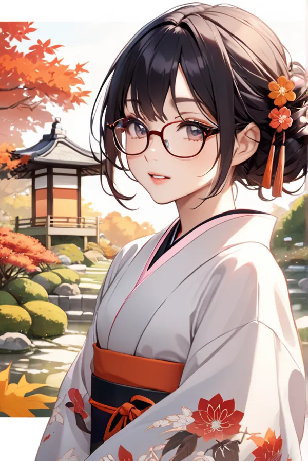 Black hair, glasses, Japanese kimono, autumn garden, Japanese garden,