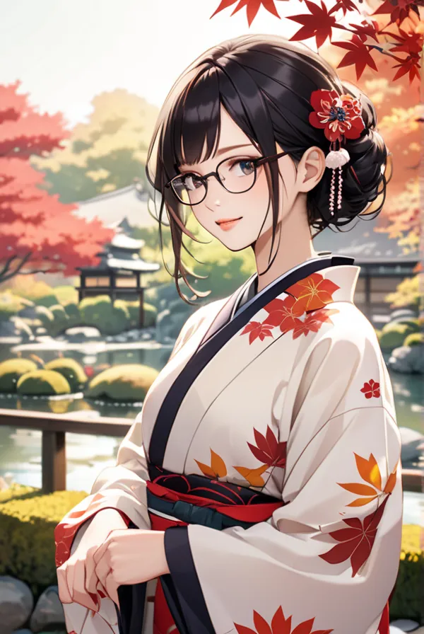 Black hair, glasses, Japanese kimono, autumn garden, Japanese garden,