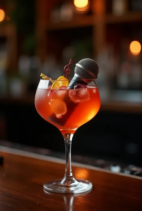 Un coktail avec un microphone qui baigne dedans, dans un decor de bar