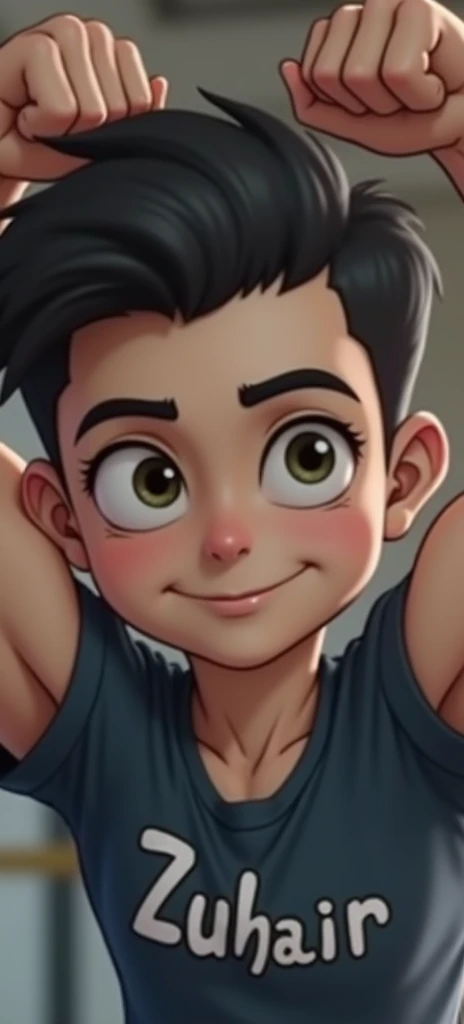 A boy face look like the uploaded photo  with big biceps muscle wearing a half sleeve t-shirt and its written “ZUHAIR” in his center of t-shirt . Background should be related to a gym area or place 