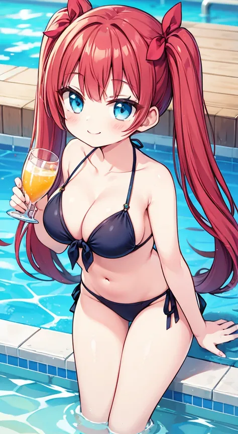 Drinking sour 1.1,Highest quality,ENAMEL,luster Bikini Girls,Twin tails,Large Breasts,Poolside,smile,glamorous,