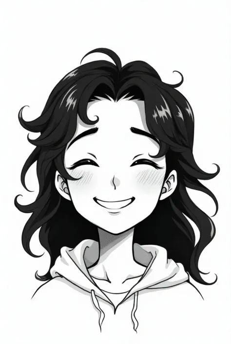 A Moroccan manga character in black and white: a teenager, a boy with long hair. ( Who smiles with their eyes closed 
