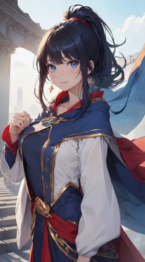 top-quality、Top image quality、​masterpiece、girl with((cute little、18year old、Best Bust、Medium bust、Bust 85,Beautiful blue eyes、Breasts wide open,Ponytail with black hair、A slender、Blue hair mesh、white t-shirts,red cloak、falda corta,Laugh、Leaning forward、Fl...