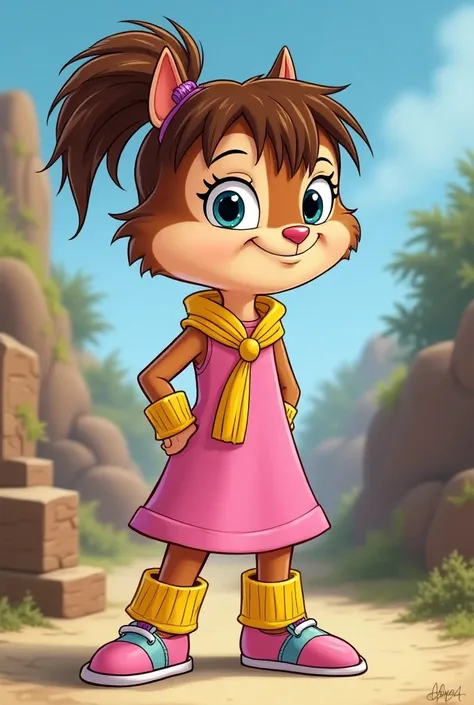  Generate an image of a chipette squirrel from Alvin And The Chipmunks  ,  dark brown hair Blonde ,  ponytail tied with a purple tail , yellow scarf with a bow ,  a pink dress pastel purple panties ,  yellow foot warmers and shoe of Rosa and blue eyes ligh...