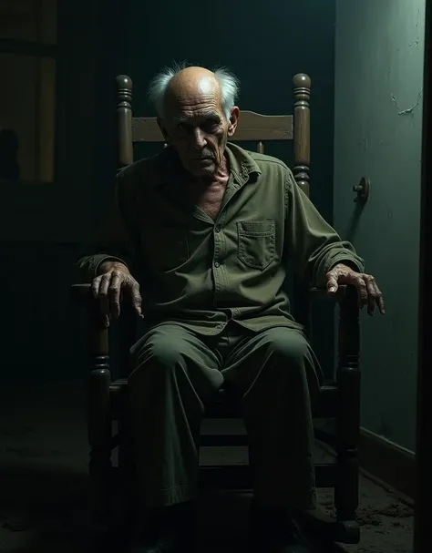 A creepy grandpa sitting in a rocking chair 