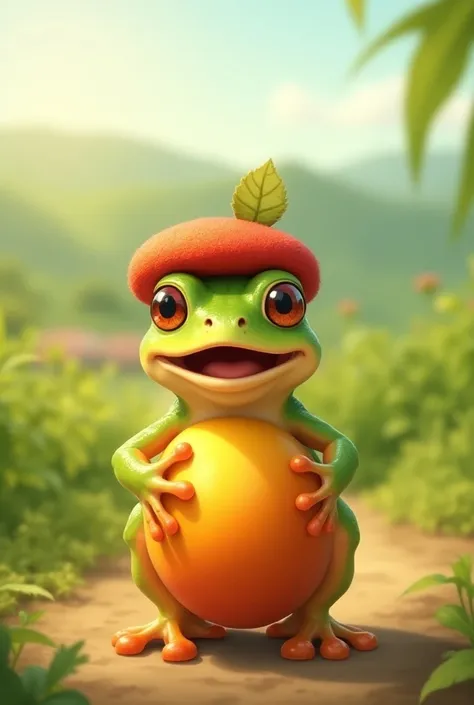  a cute vector of a cute frog with a small size  ( the frog has a  (mini red beret)  the frog is standing with its mouth open , holding a huge fruit a mango in his hands , la  illustration gruesa, Type , perfectly enlarged , very detailed, very detailed, v...