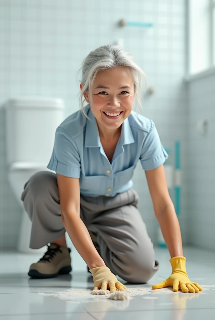  Please draw a cleaning lady, who washes the toilet floors and smiles 