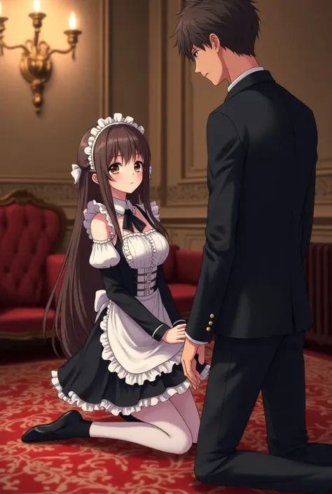 Anime maid kneeling down on the floor in front of the man