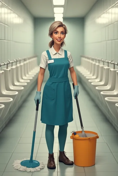  Please draw a cleaning lady, who washes urinals and smiles 