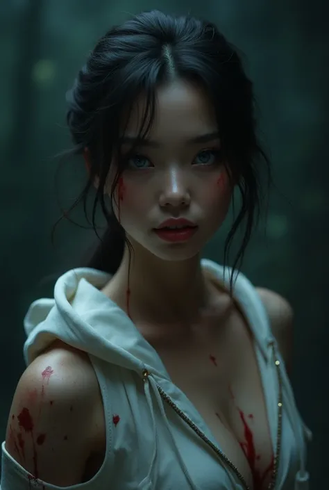 Hight quality, realistic view, very beautiful woman, woman white hoodies bunny cute, woman cut neck a ninja by knife, woman kill ninja, blood splashed in neck ninja, ninja bleeding a lot