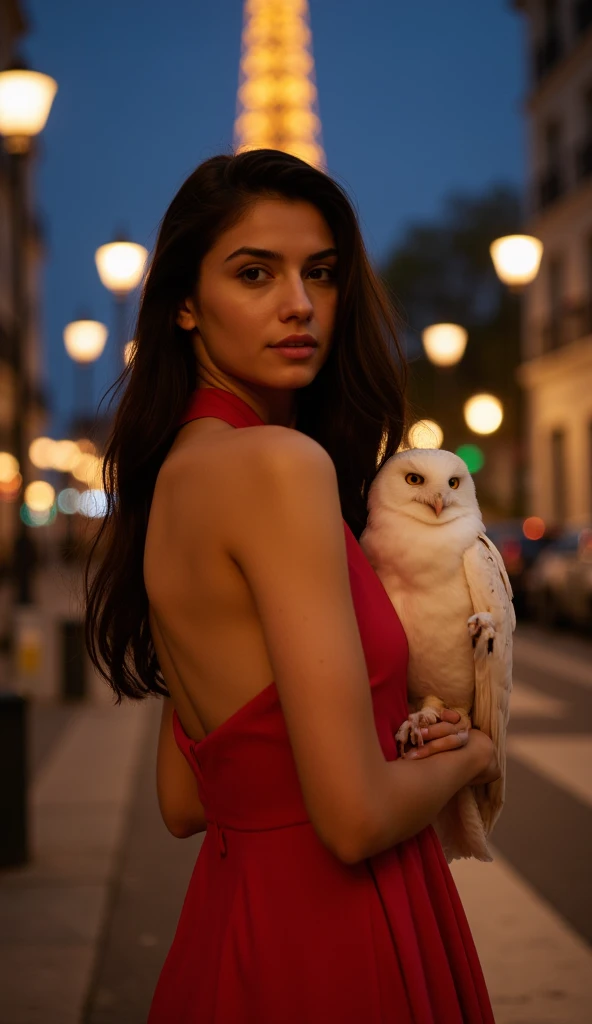 "A DSLR shot of the same stunning woman with flowing black hair in a sleek red evening dress, standing on a Paris street at night, now holding a delicate, white owl with golden eyes. The owl sits calmly in her arms, its feathers glowing softly in the warm ...